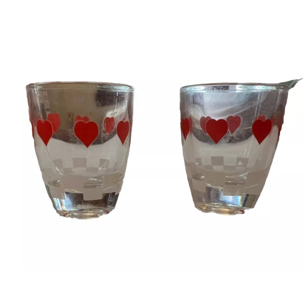 Replacement Shot Glass Pair w Playing Card Heart Suit Symbols MCM French Barware